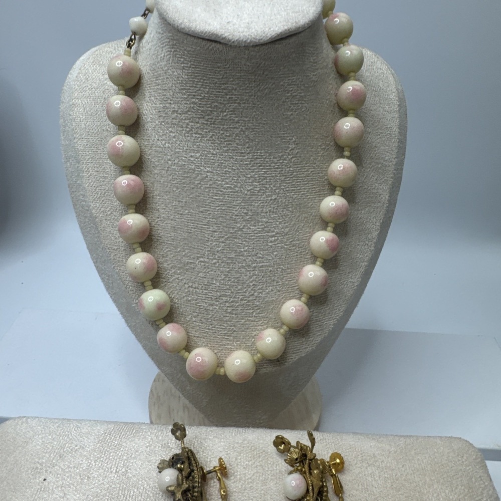 Vintage Miriam Haskell Necklace Brooch & Earrings Set Pink Glass/Gold Tone Rare